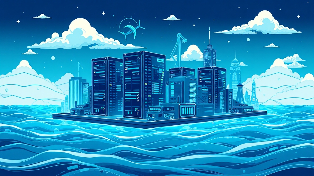 핵심 기술: 바닷물 냉매 시스템과 최적의 인프라 (illustration 스타일)