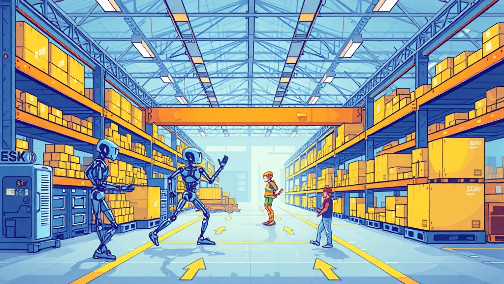 물류 자동화 미래 전망 (cartoon 스타일)