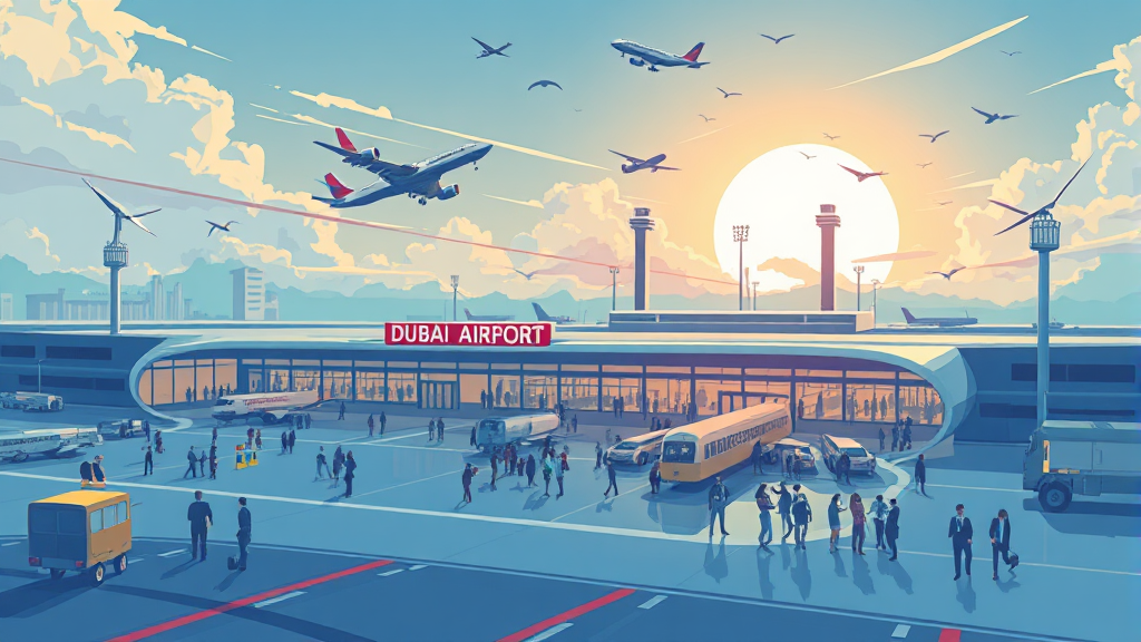 두바이 국제공항 운영 현황 및 영향 (illustration 스타일)